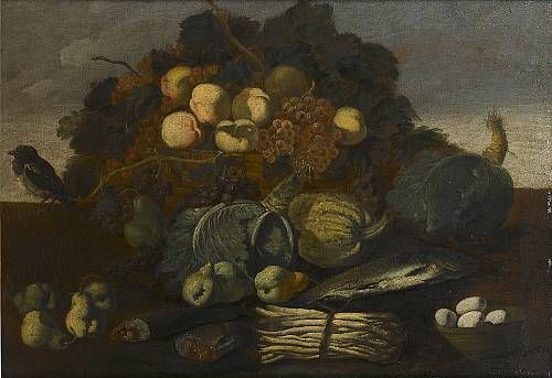 a-basket-of-peaches-and-grapes-with-cabbages-pears-a-bunch-of-asparagus-fish-and-a-dish-of-eggs