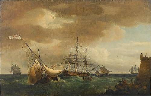 a-naval-frigate-lying-off-a-fortified-tower-with-smaller-craft-nearby-possibly-plymouth