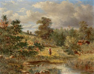 bewaldete-landschaft-mit-einer-jungen-frau-an-einem-gewasser