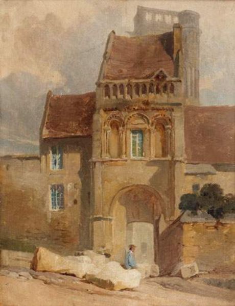 personnage-assis-devant-une-maison-aux-arcatures-romanes