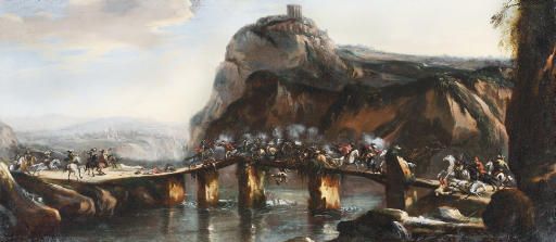 a-cavalry-skirmish-oa-cavalry-skirmish-on-a-bridge-in-a-rocky-river-landscapen-a-bridge-in-a-rocky-river-landscape