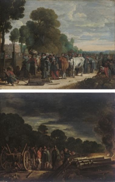 earth-elegant-figures-at-a-vegetable-and-cattle-market-and-fire-soldiers-assembled-around-a-carriage-with-canons-firing
