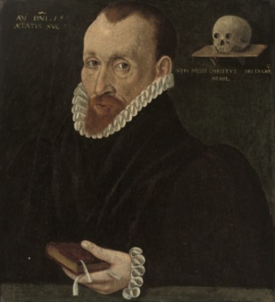 portrait-of-a-gentleman-half-length-in-a-black-coat-and-white-ruff-a-book-in-his-left-hand-a-skull-beyond