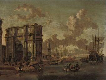 a-capriccio-of-a-mediterranean-harbour-with-the-arch-of-constantine-and-a-dutch-man-o-war-and-other-shipping