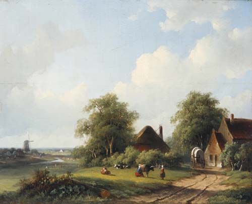 weite-niederlandische-landschaft-im-vordergrund-ein-gehoft-mit-melkenden-bauerinnen
