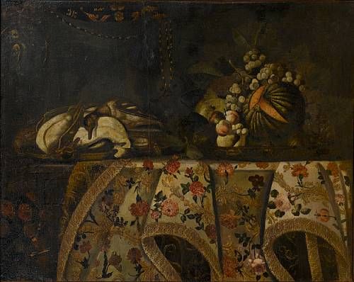 a-melon-peaches-and-grapes-and-a-dish-of-dead-ducks-on-a-table-draped-with-a-carpet
