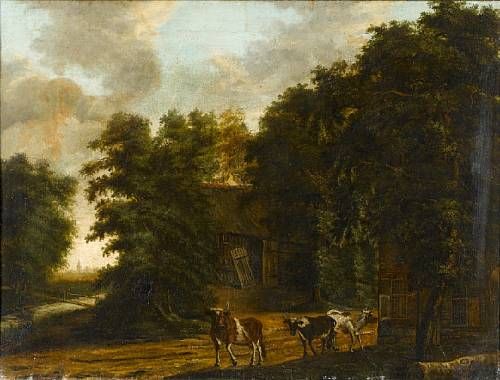 a-wooded-landscape-with-cattle-on-a-path-before-a-farmstead
