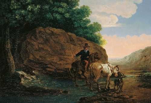 flusslandschaft-mit-reiter-pferd-und-hund