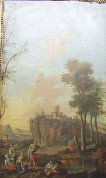 pecheurs-et-lavandieres-devant-un-village-sur-un-eperon-rocheux