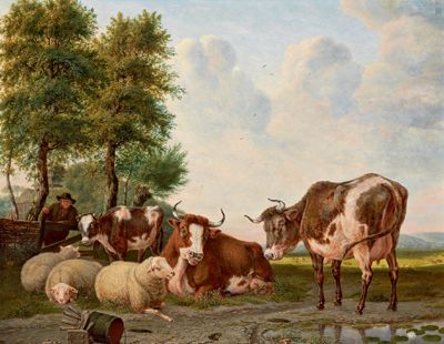 landscape-with-grazing-cows-and-a-farmer