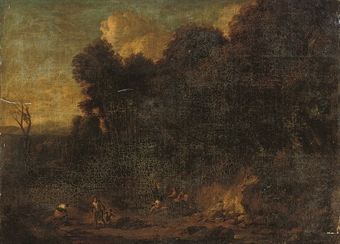 a-rocky-wooded-landscape-with-travellers-at-rest