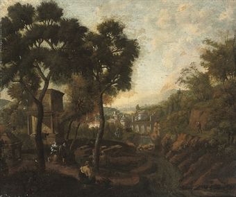 a-wooded-italianate-river-landscape-with-figures-in-the-foreground-a-town-beyond