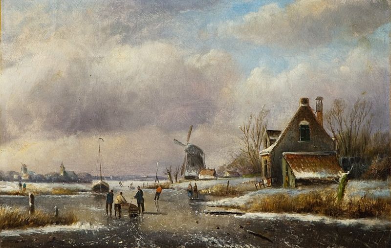 verschneiter-zugefrorener-kanal-mit-eislaufern-und-bauern