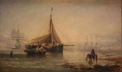 coastal-view-with-figures-in-a-rowing-boat-and-trawler-near-three-figures-on-the-shore