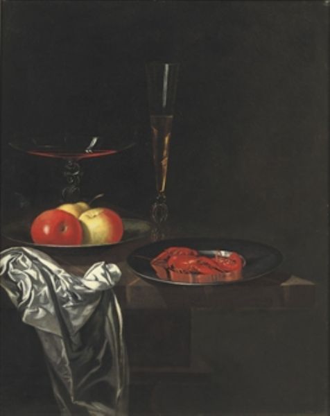 two-venetian-glasses-apples-on-a-pewter-plate-and-a-silver-dish-with-crayfish-on-a-marble-table-top