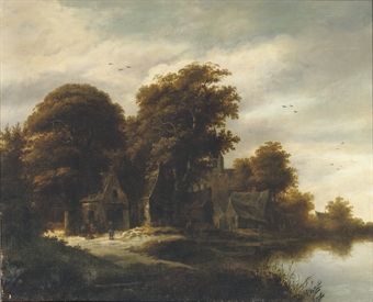 a-wooded-river-landscape-with-figures-outside-a-cottage