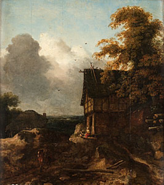 landskap-med-korsvirkesbyggnad-och-figurer