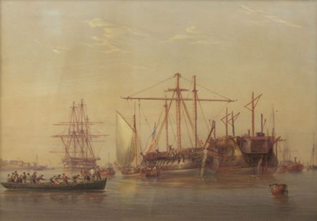 a-man-of-war-and-a-prison-hulk-moored-in-an-estuary-figures-in-a-rowing-boat-in-the-foreground