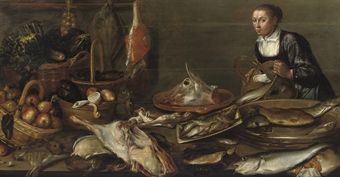 fruit-vegetables-meat-and-fish-on-a-table-with-a-kitchen-maid