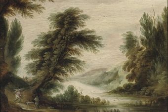 a-wooded-river-landscape-with-travellers-and-a-faggot-gatherer
