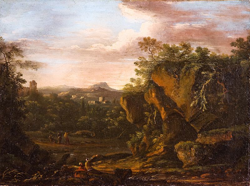 gebirgslandschaft-mit-zwei-gruppen-von-wanderern-vor-bizarr-geformtem-felsen-im-mittelgrund-hochgelegene-hauser-und-turme-im-ab