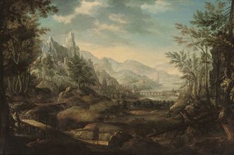 an-extensive-mountainous-landscape-with-a-traveller-crossing-a-bridge-a-herd-of-cattle-and-a-town-beyond