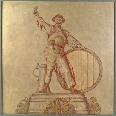 bierbrauer-auf-podest-mit-fass-und-bierkrug