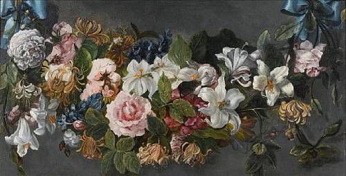 a-swag-of-roses-honeysuckle-delphiniums-lilies-and-other-flowers-held-by-blue-ribbons