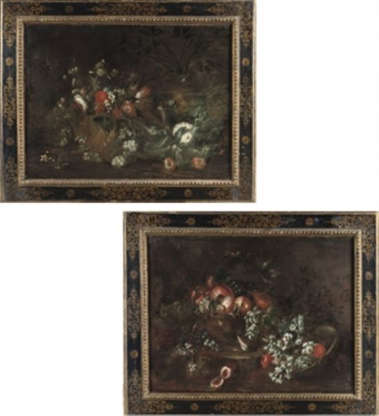 peaches-pomegranates-plums-and-grapes-in-a-copper-bowl-hyacinths-anemones-roses-and-a-carnation-in-a-basket-and-grapes-and