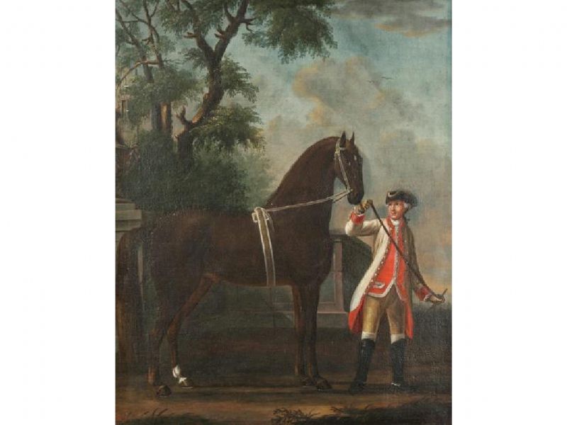 a-gentleman-with-a-bay-hunter-beside-a-neo-classical-urn-and-trees