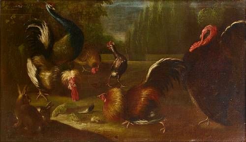 a-turkey-peacock-and-cockerels-with-a-rabbit-in-a-landscape