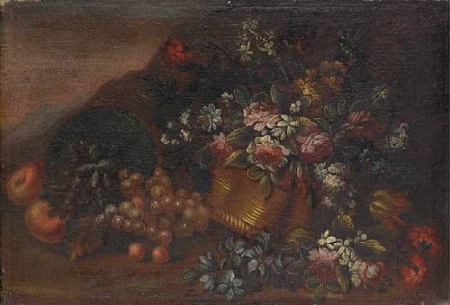 grapes-and-apples-beside-a-basket-filled-with-roses-tulips-narcissi-and-other-flowers-before-an-open-landscape