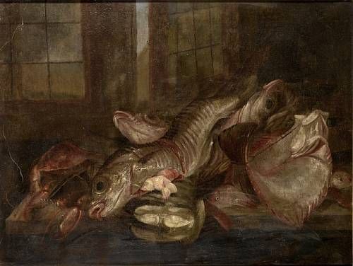 a-lobster-crab-turbot-and-other-fish-on-a-table-top-before-an-open-window