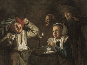 an-interior-with-children-playing-cards-by-candlelight