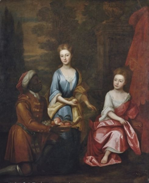 portrait-of-two-sisters-full-length-in-a-blue-dress-with-yellow-wrap-and-a-white-dress-with-pink-wrap-a-page-offering-a-bask