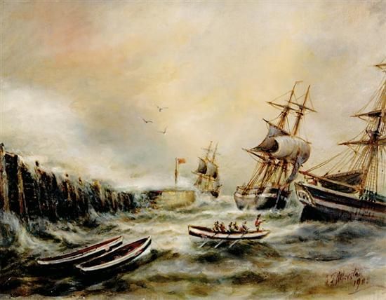 three-sailing-vessels-in-rough-seas-by-quay