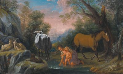wooded-landscape-with-a-shepherdess-a-young-child-and-animals-near-a-watering-place