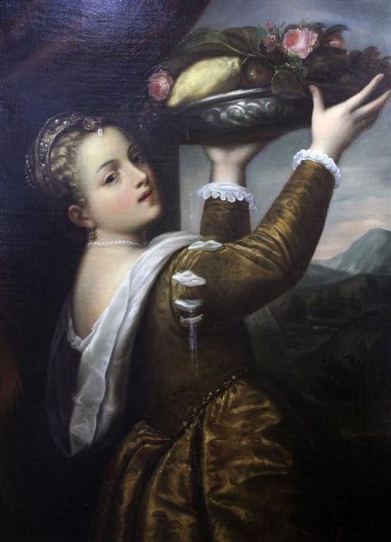 woman-holding-aloft-a-bowl-of-fruit-after-titian