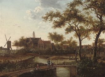 a-river-landscape-with-travellers-on-a-track-a-town-beyond