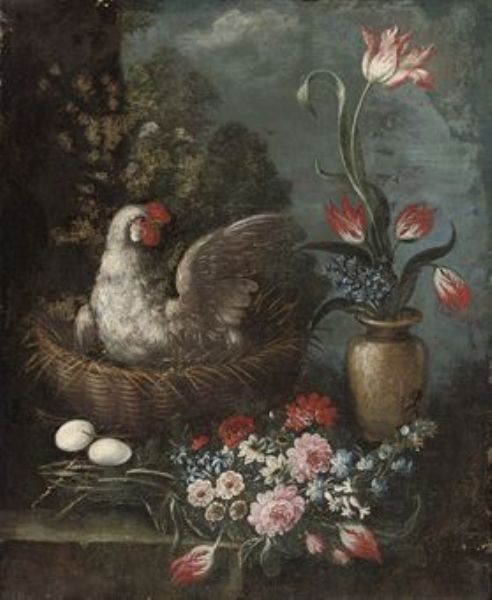a-nesting-hen-with-a-bunch-of-anemones-hyacinths-and-other-flowers-on-a-stone-ledge-and-tulips-and-hyacinths-in-a-vase-a-land