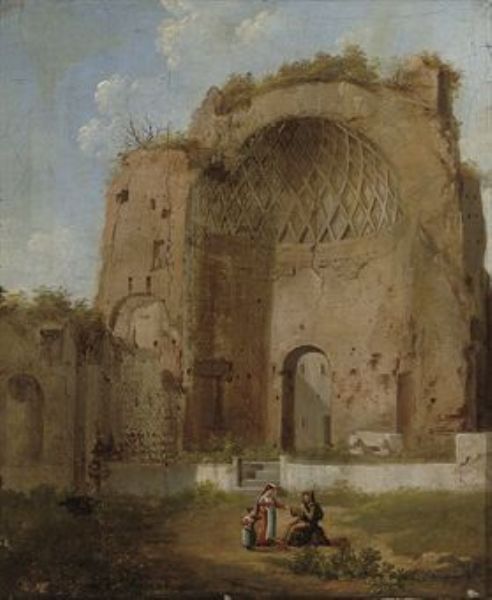 a-roman-ruin-with-a-woman-and-child-conversing-with-a-monk