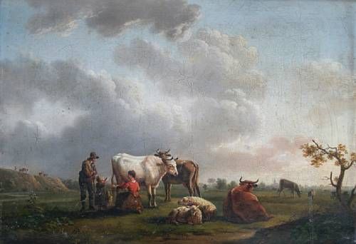 cattle-and-sheep-in-a-meadow-with-milkmaid-farmer-and-young-girl-before