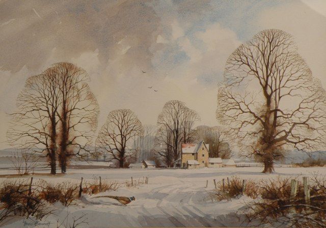 a-farmstead-in-winter-with-a-pheasant-on-the-snow