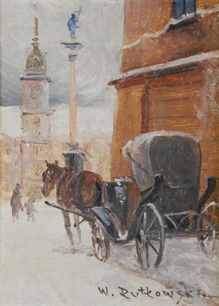 polish-city-scape-under-snow-with-horse-drawn-cab-in-the-foreground-mother-and-child-across-a-square-with-monument-and-church-t