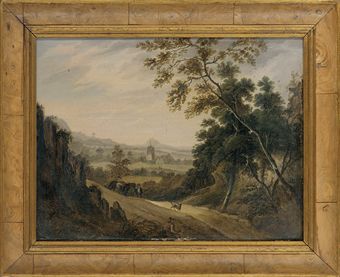 a-wooded-landscape-with-travellers-on-a-track-a-church-beyond