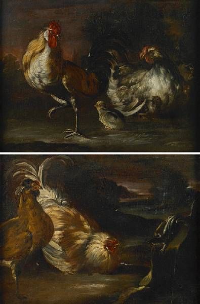 a-cockerel-chicken-and-chicks-in-a-landscape-also-two-cockerels-and-a-lizard-in-a-landscape-a-pair
