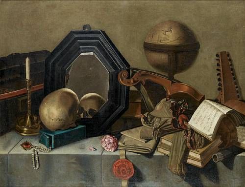 a-memento-mori-still-life-of-a-skull-a-mirror-a-globe-books-musical-instruments-and-other-objects-on-a-draped-table-top