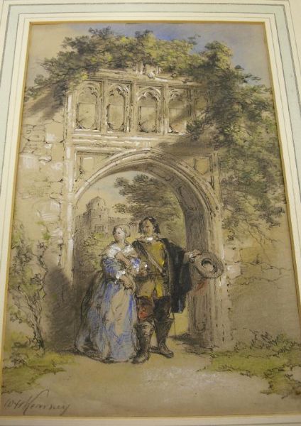 couple-in-17th-century-dress-walking-under-a-ruined-arch-a-castle-beyond