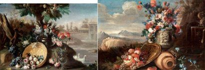 nature-morte-a-la-corbeille-de-fleurs-et-fruits-sur-fond-de-paysage-nature-morte-et-vase-de-fleurs-sur-fond-de-paysage