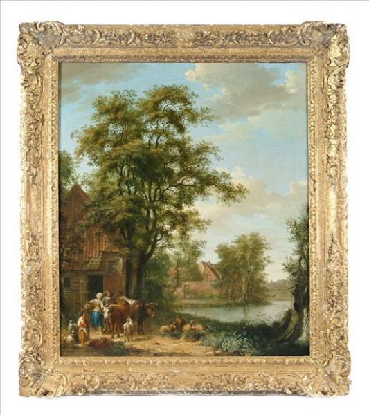 a-milkmaid-and-goatherd-with-a-young-girl-and-their-livestock-outside-a-cottage
